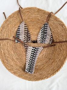 Swim Mod Bikini Thong Potongan Tinggi Sisi Warna Coklat Polos Musim Semi/Panas 2026 untuk Liburan Wanita, Set Baju Renang 2 Potong - Khaki - View 1