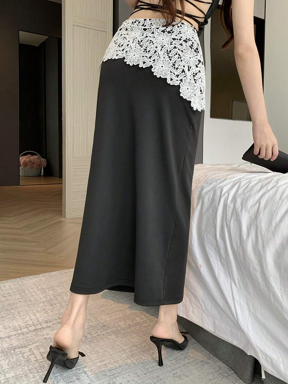Summer Loose Casual Lace Patchwork Knit High Waist Women's Skirt
