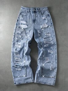 ROMWE MEN Celana Jeans Pria Gaya Y2K Model Lebar, Jeans Biru Muda Pudar dengan Efek Sobek dan Usang, Hiasan Rivet Warna-warni, Jeans Gaya Kargo Longgar Gaya Jalanan, Jeans Pria untuk Semua Musim. - Biru - View 9