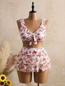 Bellisia 2026 Summer New Women's Plus Size Sweet Cute Ditsy Floral Bikini 3-Piece Set With Ruffle Hem Skirt, Vacation Swimwear - Multicolor - View 1