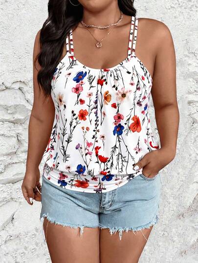 SHEIN Plus Size Women's Floral Print Casual Ruched Camisole Tank Top