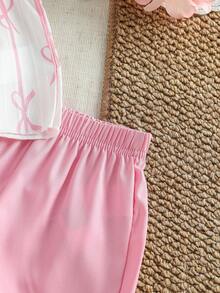 SHEIN Baby Girl Summer Round Neck Sleeveless Bow Print Top With Solid Color Elastic Waist Loose Shorts Sweet Cute 2pcs Set - Multicolor - View 6