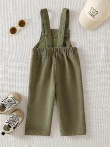 SHEIN Playful Pals 男嬰 0-3 歲 春/秋 卡其色字母刺繡燈芯絨連身褲，適合外出、購物、居家休閒、生日派對 - 綠色 - 查看 2