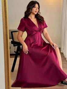 Vionelle Plus Size Women's Summer New Elegant Romantic Short Sleeve Dress, V-Neck, Slit Dress, Ruched Bust, Suitable For Dating, Afternoon Tea Outfit, Exquisite Elegant, Romantic Streetwear - Burgundy - View 5