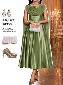 Fleurora Women's Solid Color Ruffled Neck Pleated Casual Party Mid-Length Dress, Summer,Dresses For Women Summer - Olive Green - View 1