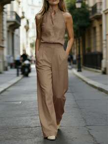 SHEIN Setelan Kasual Sehari-hari Wanita: Atasan V-Neck Polos dan Celana Panjang - Coklat - View 3
