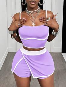 Mistrie Women's Colorblock Ultra Short Top And Shorts Minimalist Slim Fit Sports Set - Mauve Purple - View 7