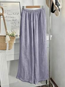 Comfortcana Plus Size Women Casual Vacation & Commute Solid Color Textured Fabric Drawstring Waist Wide Leg Pants Fall - Mauve Purple - View 9