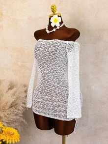 Swim Vcay Women's Lace Cover-Up Moonlight White Heart Lace Texture Exposed Shoulder Slim Fit Bodycon Side Detail Sexy Y2K Style Summer Vacation Nightclub Pool Niche Eye-Catching Look Crisp Youthful Travel Photography Outfit Personalized Check-In Style Beach Outerwear Sheer Bright - White - View 7