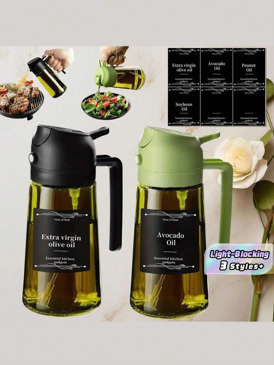 1PC/2pcs Kitchen Olive Oil Bottle, 2-In-1 Glass Oil Bottle & Cooking Sprayer, Suitable For Cooking, Air Fryer, Outdoor Grilling, Compatible With Air Fryer, Auto-Flip Cap, 16oz Olive Green (Light-Blocking), With Label Sticker