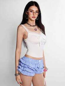 INAWLY Women's Solid Color Contrast Lace Front Tie Tank Top Date Everyday Home White Summer Cute Y2k Romantic Sexy Tropical - White - View 4