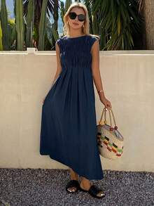 Livesso Summer Autumn June Festival Square Neck Sleeveless Ruched Waist Solid Navy Blue Full Skirt Midi Dress For Women Vacation Vacation Casual Modest - Navy Blue - View 5