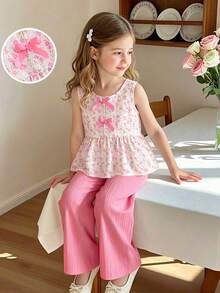 SHEIN Elladie kids 女童新款清新田園風精緻碎花兩件套，粉色蝴蝶結裝飾無袖背心上衣 + 粉色紋理布料寬腿長褲，甜美可愛時尚休閒穿搭，夏季 - 西瓜粉 - 查看 3