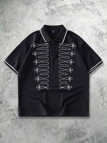 ROMWE MEN Street Life 男士哥德宮廷風直筒開襟刺繡 Polo 衫 - 黑色 - 查看 1