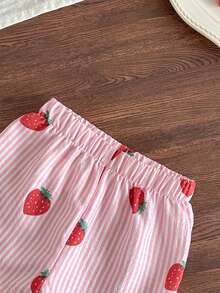 SHEIN 2件組女嬰幼兒/新生兒 0-3歲 春夏休閒日常可愛度假風 條紋蝴蝶結裝飾 黃色檸檬圖案細肩帶上衣+短褲套裝 - 粉色 - 查看 7