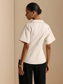 Elafinee Women's Spring/Summer Short Sleeve Blouse With Lapel V-Neck, Wrap Waist, Metal Buckle And Ruffle Hem - Khaki - View 6