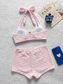 Women's Textured Pink Metal Buckle Colorblock Halter Tie Bikini Top And Shorts Swimwear 2 Pieces Set 4pcs Beach Swim Summer Cute - Pink - View 3