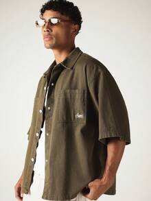 SUMWON Sunc Boxy Fit Short Sleeve Twill Overshirt With Chest Pockets And Snap Buttons Summer Casual - Green - View 7