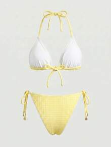 Sweetra Swim Vcay 2pcs Women Lace Trim Jacquard Triangle Bikini Set,Strap Tie Up Halter Yellow Bikini Set With Gold Shell Decor For Summer Beach Vacation - Yellow - View 3