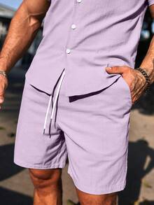 Manfinity Homme Men's Solid Color Single-Breasted Short Sleeve T-Shirt And Shorts Casual Daily Outfit - Mauve Purple - View 6