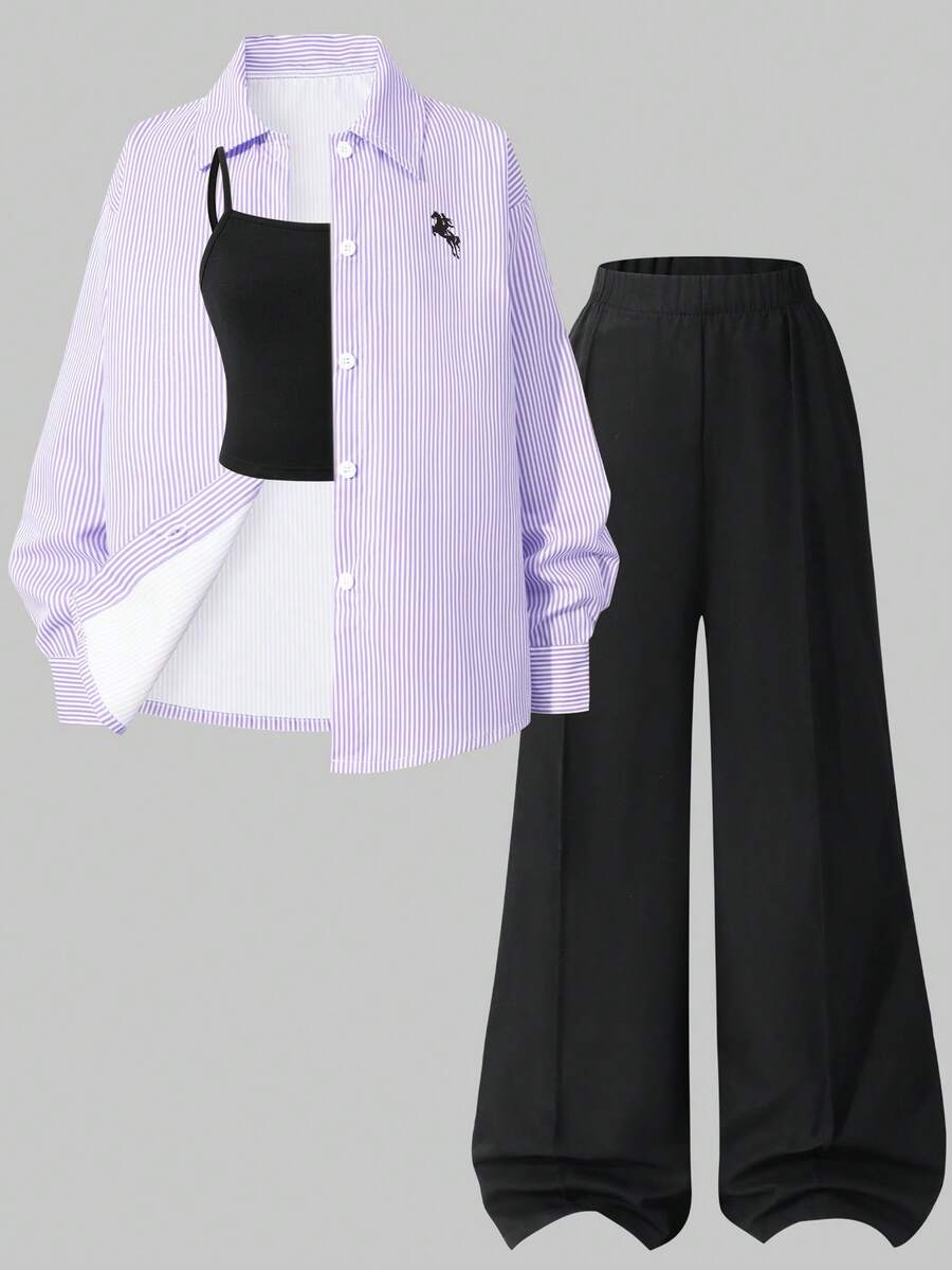 SHEIN 3件組黃色長袖條紋數位印花襯衫、黑色長褲、細肩帶背心,適合春夏外出穿著 - 彩色 - 查看 1