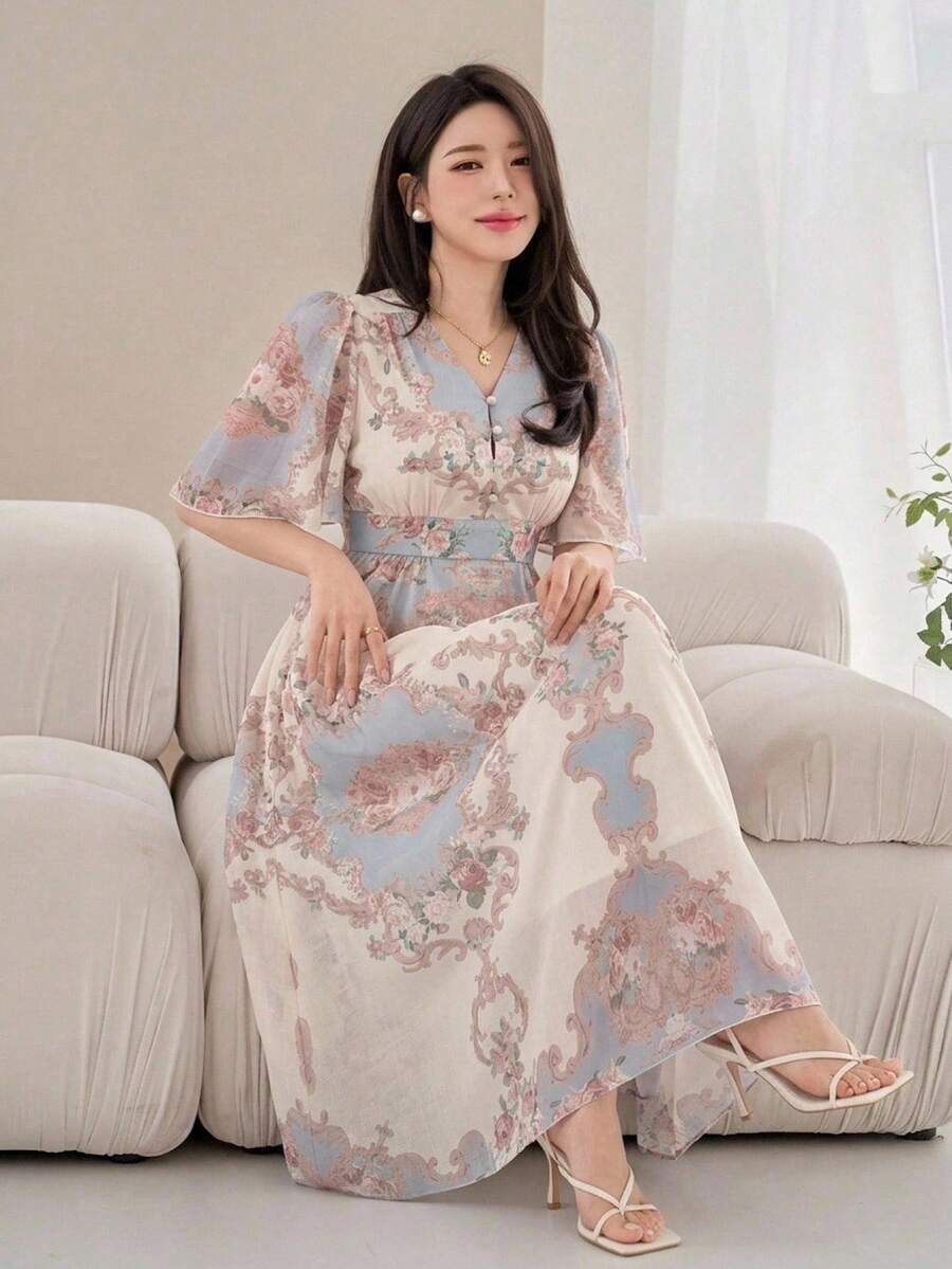 DAZY 女士优雅碎花V领荷叶袖中长连衣裙,夏季婚礼宾客礼服,波西米亚风度假装扮 - 藍色 - 查看 1
