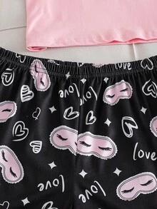 青少年女孩極簡黑色貓咪印花圓領短袖上衣與短褲2件式居家服套裝 - 粉色 - 查看 8