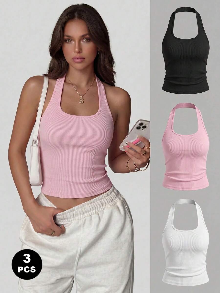 Women's Versatile Solid Color Sexy Spaghetti Strap Backless Fitted Summer Top. - Pink - View 1