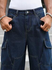 Manfinity EMRG American Vintage Structural Design Blue Washed Workwear Large Pocket Loose Curved Leg Denim Pants - Blue - View 3