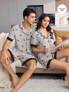 CoupledUp Men's Striped Bow-Print Pajama Set, Stylish Collared Short-Sleeved Color-Blocked Loungewear - Grey - View 1