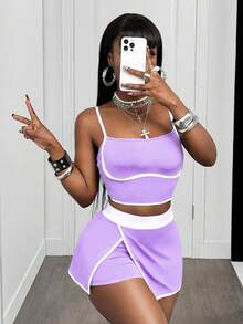Mistrie Women's Colorblock Ultra Short Top And Shorts Minimalist Slim Fit Sports Set - Mauve Purple - View 4