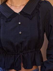 Aralina 女款彼得潘領蕾絲飾邊長袖前開鈕扣抽繩收腰優雅襯衫，適合夏季秋季休閒度假派對節慶 2026 世界盃 - 黑色 - 查看 3