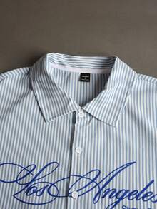 STYNVO Men's Plus Size Letter Stripe Short Sleeve Single-Breasted Shirt - Baby Blue - View 4