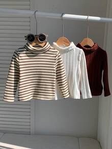 SHEIN 中性嬰兒男/女嬰 3件組秋冬休閒可愛條紋與素色高領T恤套裝，長袖T恤，男嬰上衣，男嬰秋冬衣飾，柔軟舒適 - 卡其色 - 查看 7