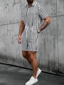 Manfinity Homme 男士大尺碼條紋短袖腰部綁帶襯衫連身褲 - 彩色 - 查看 7
