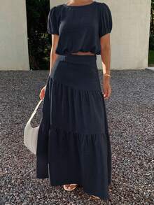 Livesso Women's 2 Pieces Set Round Neck Petal Sleeve Solid Navy Blue Cropped Top With Layered Full Skirt Maxi Summer Lounge Sets Vacation Casual - Navy Blue - View 1