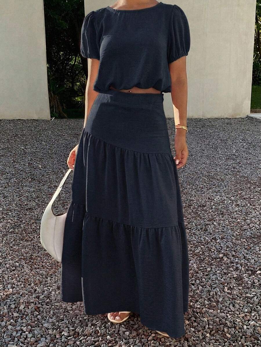 Livesso Women's 2 Pieces Set Round Neck Petal Sleeve Solid Navy Blue Cropped Top With Layered Full Skirt Maxi Summer Lounge Sets Vacation Casual - Navy Blue - View 1