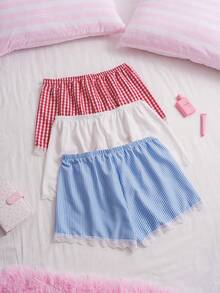 Slumberry CURVE Sweet & Cute Striped Plaid Print & Solid Color Lace Patchwork Plus Size Women's Pajama Bottoms 3pcs/Set - Multicolor - View 2