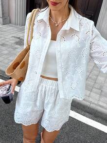 SHEIN Frenchy Elegant Two-Piece Set For Women's Vacation Wear: Embroidered, Openwork, Single-Breasted White Shirt And Shorts,White Shirt,Going Out Outfits - White - View 6