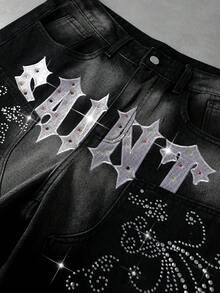 ROMWE MEN Pantaloncini in denim da uomo con ricamo, dettagli in strass, tasche e bottoni - nero - Visualizzare 7