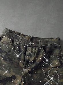 ROMWE MEN Shorts Denim Masculino Casual Versátil com Strass e Estampa Camuflada - Verde Militar - Visão 3