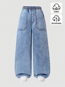 SHEIN 女童牛仔寬腿褲 春夏新品 休閒波西米亞風 祭典平腰鬆緊腰帶口袋寬腿牛仔褲 日常OOTD必備 淺洗藍牛仔色 春夏度假彈性腰帶設計 寬鬆直筒寬腿版型 舒適棉質牛仔面料 日常百搭T恤穿搭 春夏度假日常出遊聚會 - 淺色水洗藍 - 查看 1