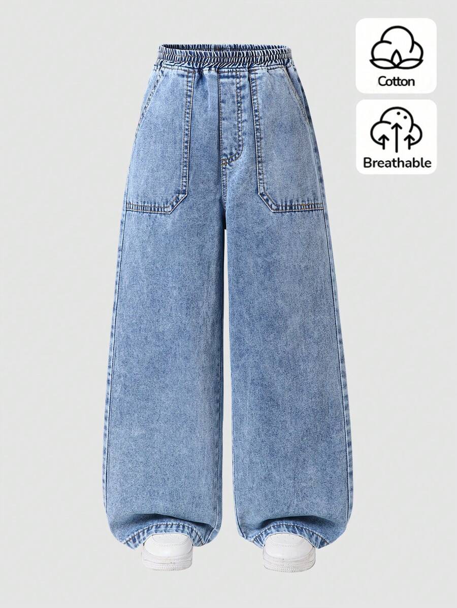 SHEIN 女童牛仔寬腿褲 春夏新品 休閒波西米亞風 祭典平腰鬆緊腰帶口袋寬腿牛仔褲 日常OOTD必備 淺洗藍牛仔色 春夏度假彈性腰帶設計 寬鬆直筒寬腿版型 舒適棉質牛仔面料 日常百搭T恤穿搭 春夏度假日常出遊聚會 - 淺色水洗藍 - 查看 1