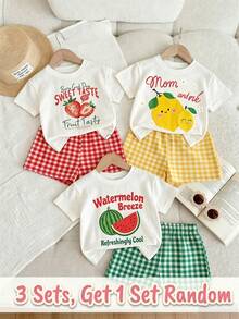 SHEIN 1 Set [Acak 3 Set, Kirim 1 Set] Set Kasual Sehari-hari Anak Perempuan Motif Bunga Lengan Pendek dan Celana Pendek, Cocok untuk Musim Panas, Set Motif Buah Kotak-kotak untuk Anak Perempuan - MultiWarna - View 1