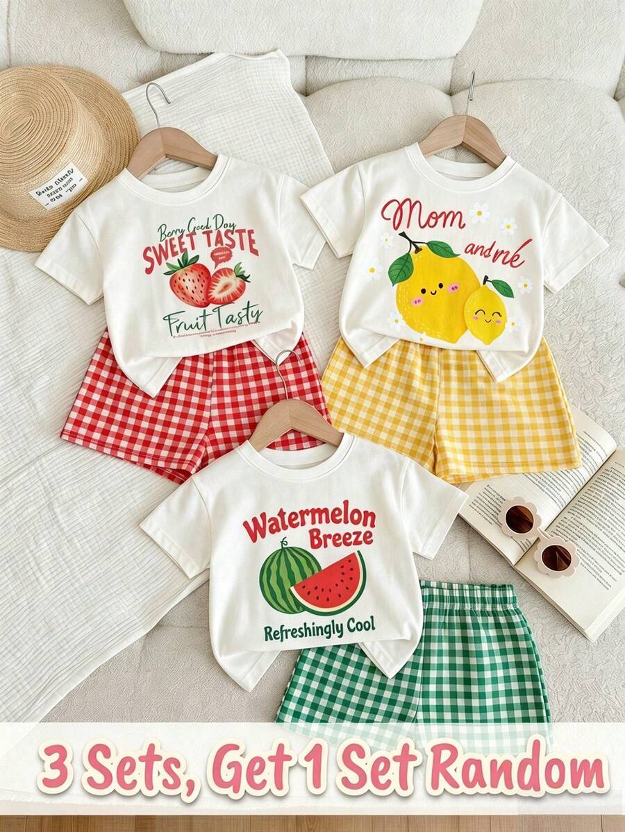 SHEIN 1 Set [Acak 3 Set, Kirim 1 Set] Set Kasual Sehari-hari Anak Perempuan Motif Bunga Lengan Pendek dan Celana Pendek, Cocok untuk Musim Panas, Set Motif Buah Kotak-kotak untuk Anak Perempuan - MultiWarna - View 1