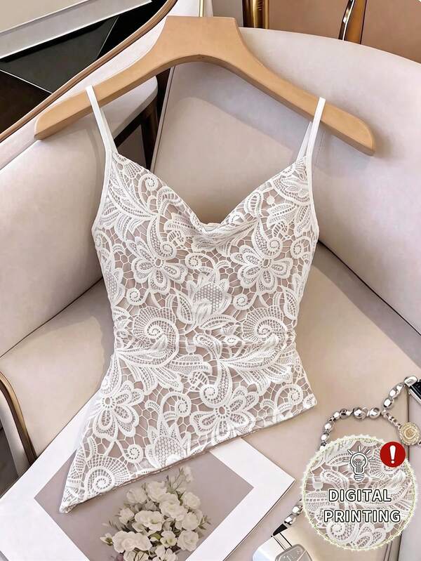 SHEIN LUNE Top de tirantes elegante de verano para mujer con estampado de encaje falso y bajo asimétrico