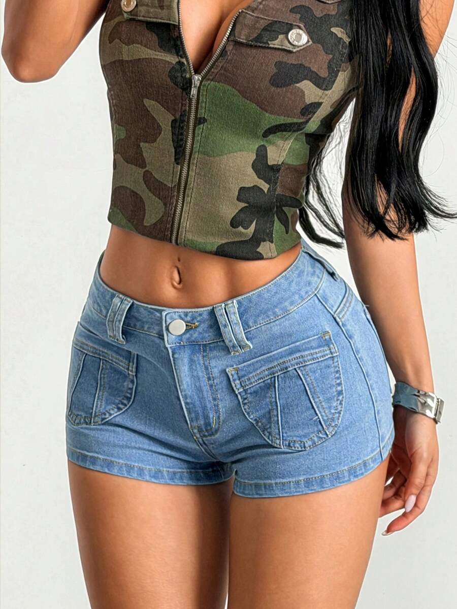 StreetHx Fashion Casual Street Vacation Style Low Waist Denim Shorts - Light Wash - View 1