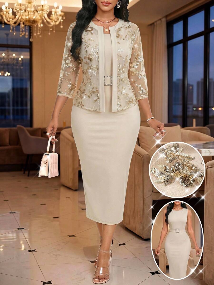 SHEIN Lady 女款優雅兩件套透視薄紗飾邊亮片裝飾外套與素色修身洋裝 - 卡其色 - 查看 1