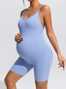 SHEIN Umstandsmode einfarbiger figurbetonter Camisole Sport-Romper - Blau - Übersicht 10