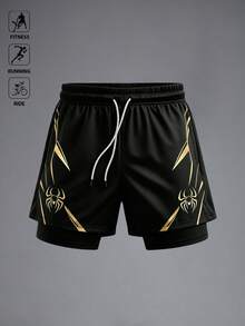 RISE LYT Men's Sports Set, Spider Print Pattern High Elasticity Top And 2-In-1 Drawstring Sports Shorts Suitable For Street, Sports, Outdoor, Running, Gym - Black - View 4